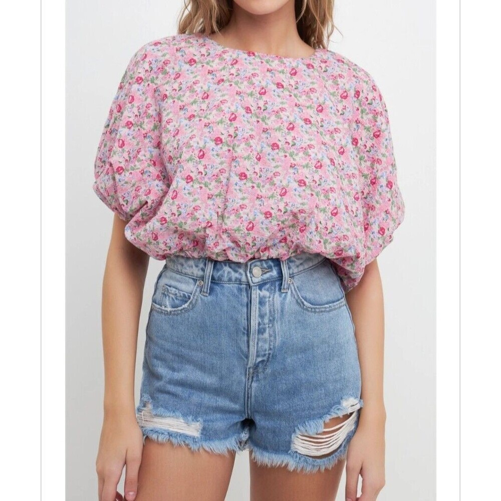 Free The Roses Women's Voluminous‎ Crop Top L Puff Sleeve Floral Pink